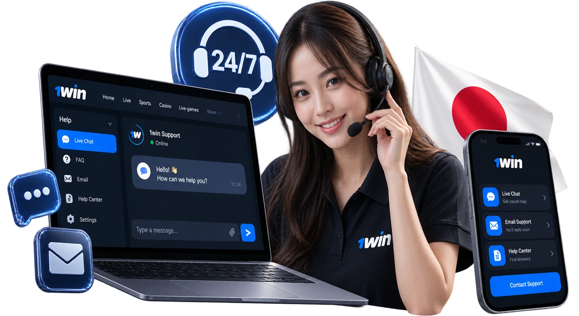 1win Japan お問い合わせ カスタマーサポート ライブチャット メール 24時間対応